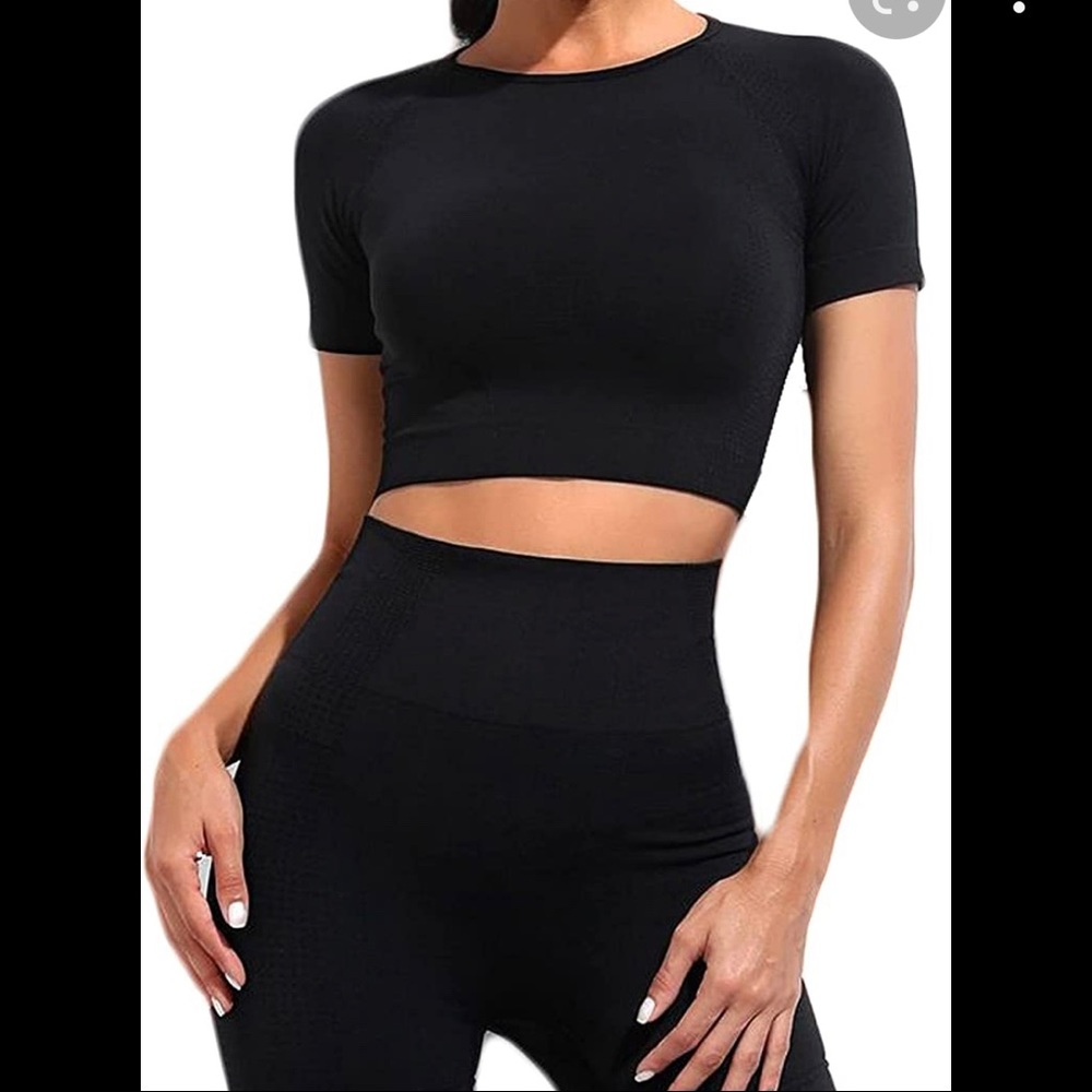 2 pieces seamless thick compress black set leggings + crop to work out clothes